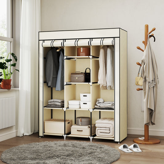 HOMCOM Fabric Wardrobe, with Rails and Shelves - Cream White