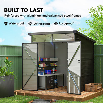 Outsunny 6 x 6ft Outdoor Storage Shed, Plastic Garden Shed with Windows and Air Vents, Outdoor Resin Tool Shed with Latch Doors for Garden, Deck, Dark Grey