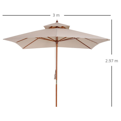 Outsunny 3 x 3 metre Patio Parasol Garden Umbrellas Sunshade Outdoor Wooden Parasol Canopy Double Tier, Beige, BASE NOT INCLUDED