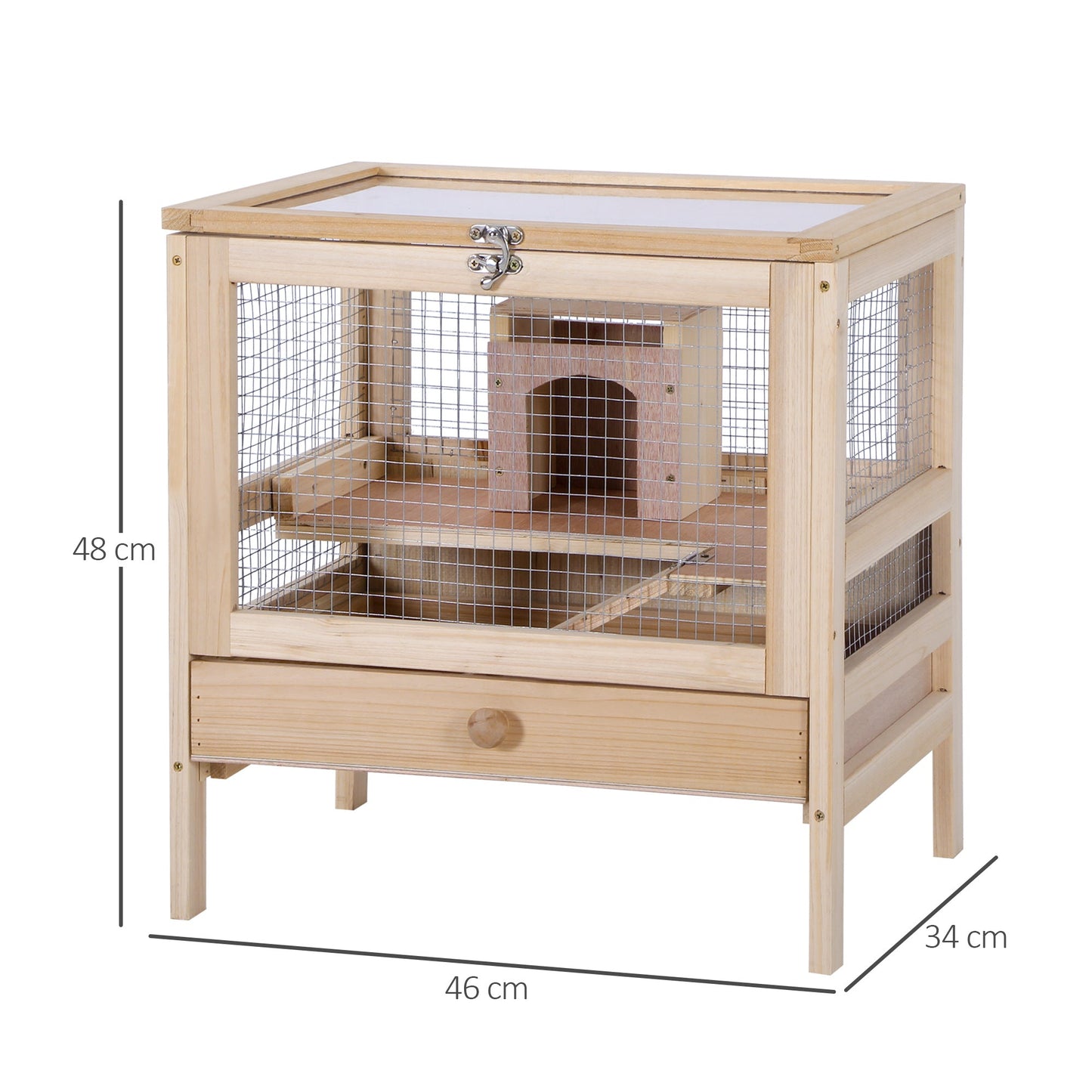 PawHut Hamster Cage Rodent Pet Small Animal Kit Large Wooden hut Box Double Layers Easy Clean 46 x 34 x 48 cm