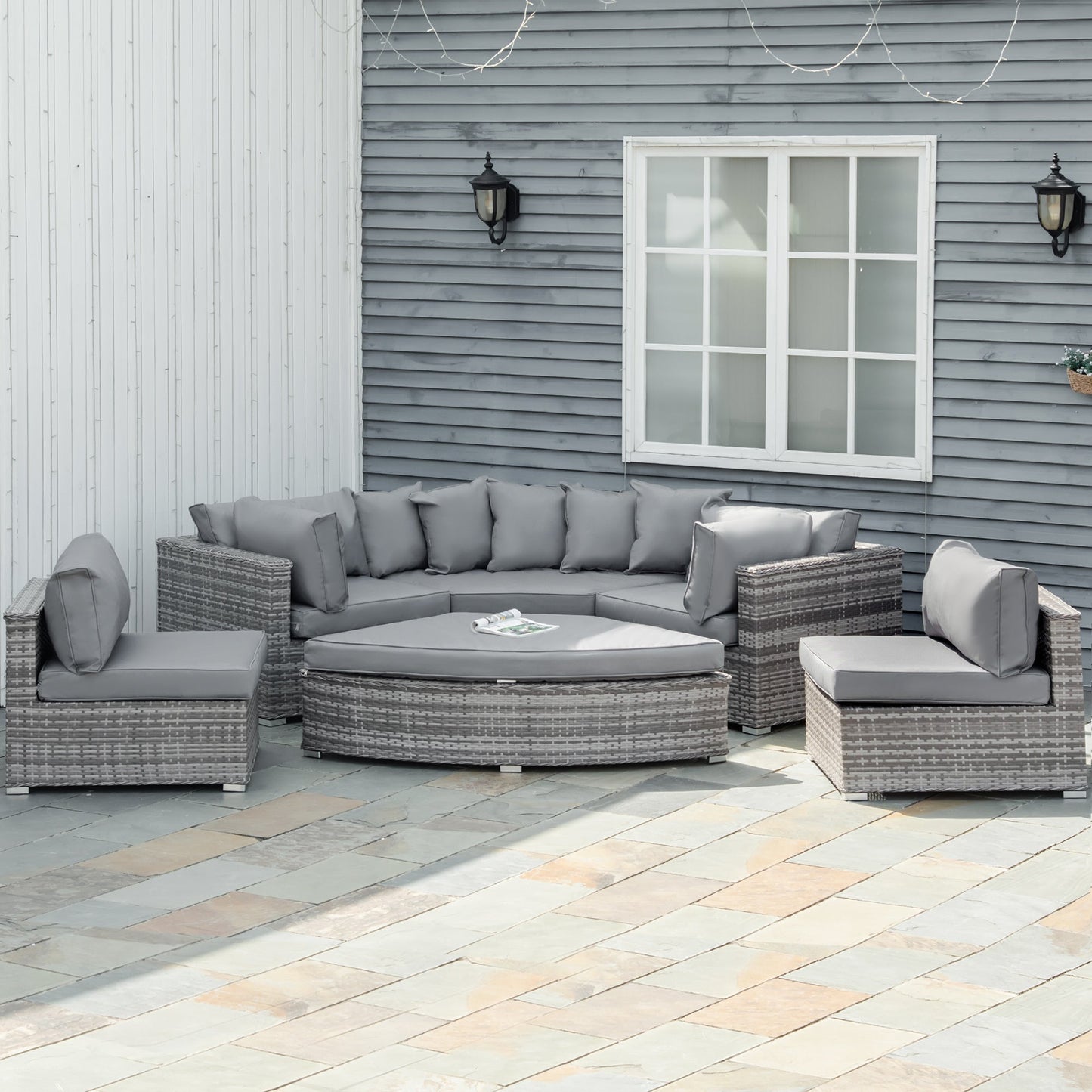 Outsunny 6 Pieces Outdoor PE Rattan Wicker Sofa Set with 10cm Thick Padded Cushionsand Half Round Patio Conversation Furniture Set with Angled Corner Designand Ottomansand and Back Pillows, Grey