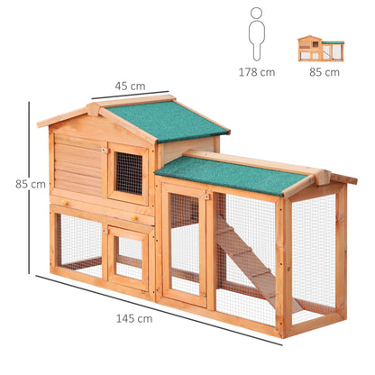 PawHut Rabbit 2 Tier Fir Wood Small Animal Hutch Guinea Pigs Hutches w/ Ramp Brown