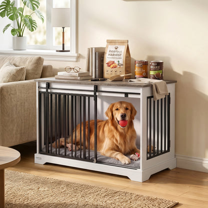 PawHut 100 cm Large Dog Crate Furniture with Sliding Barn Door for Large Dogs, White