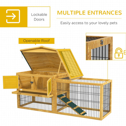 PawHut Wooden Rabbit Hutch with Outdoor Run Yellow