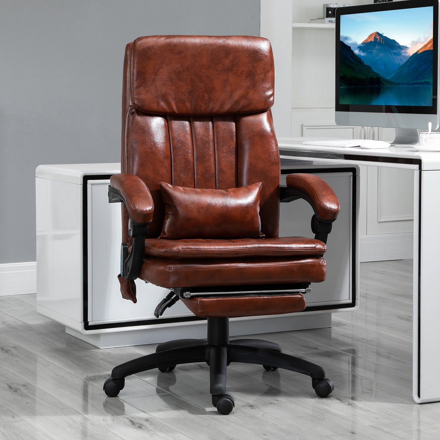 Vinsetto PU Leather Office Chair with 7 Point Vibrating Massage, Computer Desk Chair with Footrest, Adjustable Height, Reclining Back, Brown