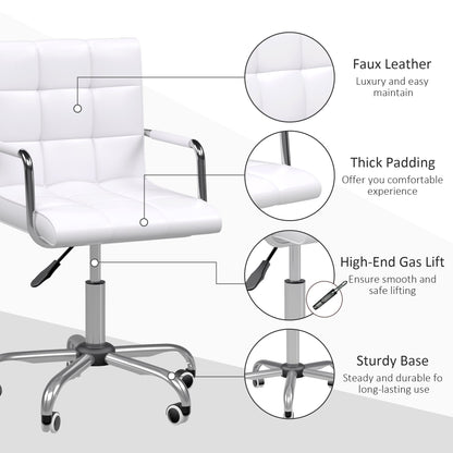 Vinsetto Mid Back PU Leather Home Office Desk Chair Swivel Computer Chair with Arm, Wheels, Adjustable Height, White