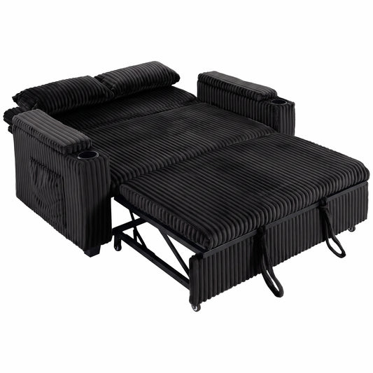 HOMCOM 2 Seater Sofa Bed, Pull Out Sleeper Sofa w/ Adjustable Backrest, Storage Armrests, Cup Holders, Side Pockets, Black