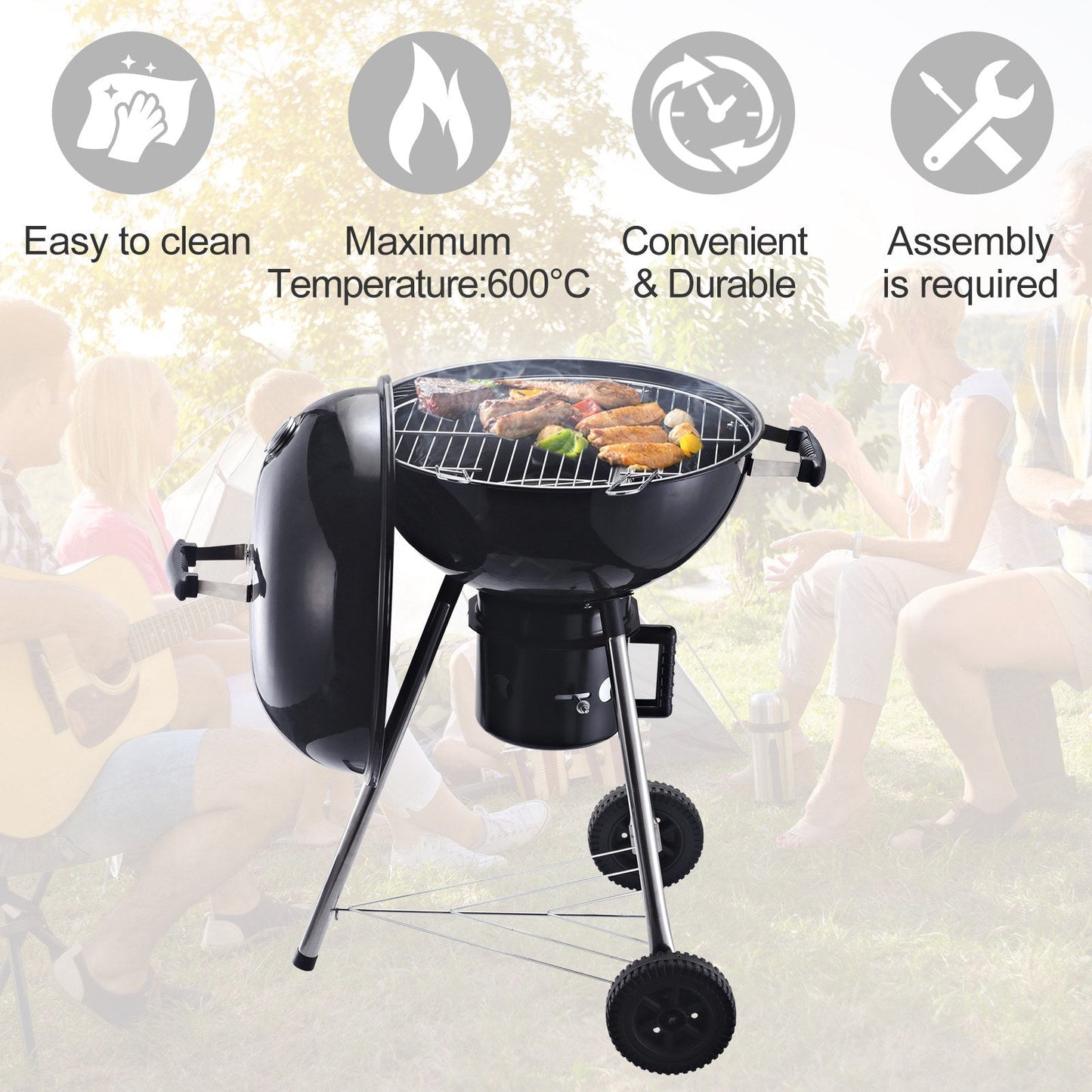 Outsunny Freestanding Charcoal Barbecue Grill Garden Portable BBQ Smoker w/ Wheels, Storage Shelves and On-body Thermometer, Black