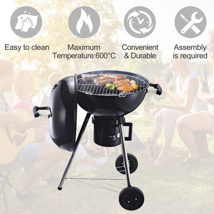 Outsunny Freestanding Charcoal Barbecue Grill Garden Portable BBQ Smoker w/ Wheels, Storage Shelves and On-body Thermometer, Black