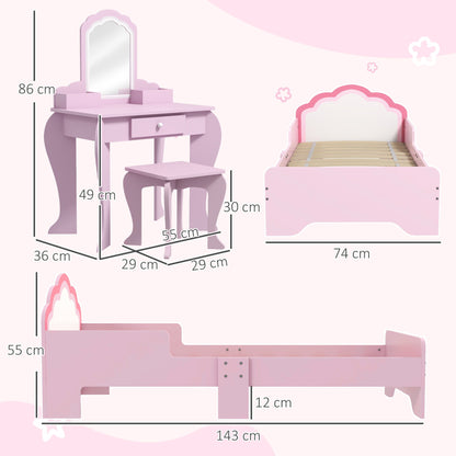 ZONEKIZ Wooden Kids Bedroom Furniture Set with Kids Dressing Table, Stool, Bed, for 3-6 Years, Cloud-Design