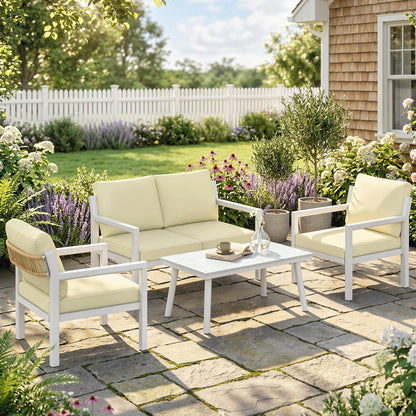 Outsunny 4 Seater Rattan Garden Furniture Set with 2 Armchairs, Loveseat, Coffee Table, Garden Sofa Set with Cushions, Beige