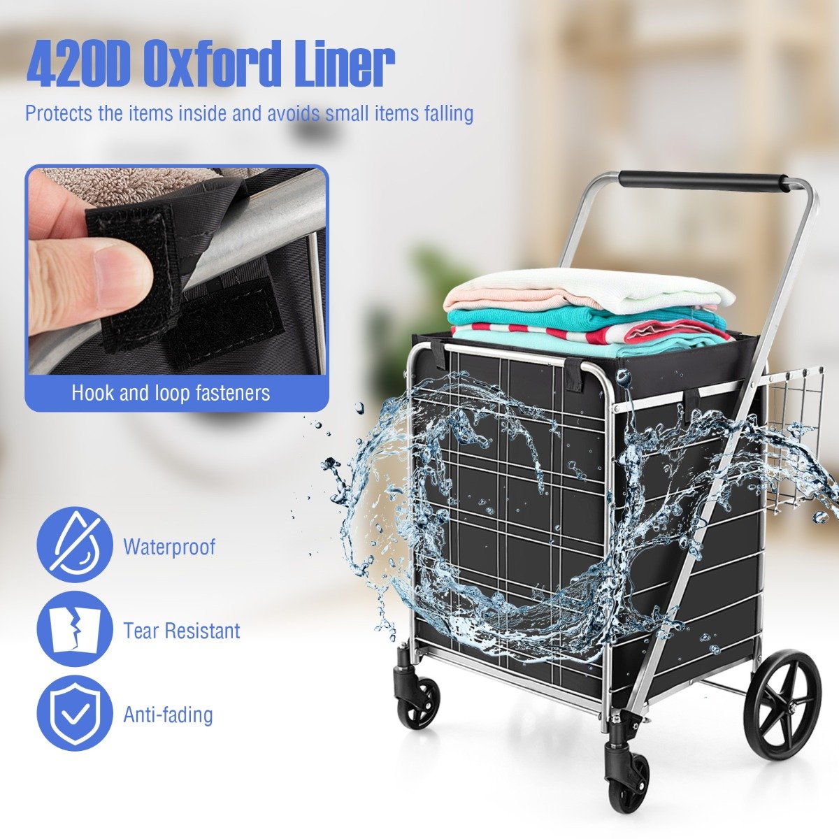 Folding Shopping Cart with Waterproof Liner-White