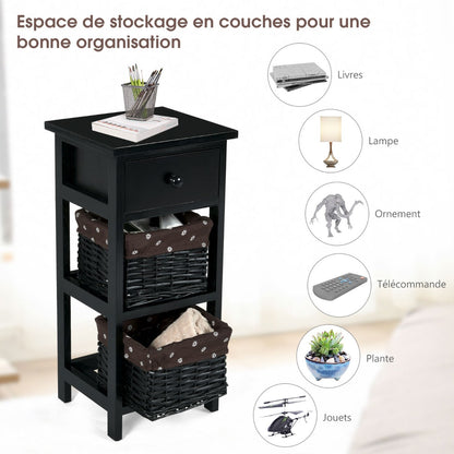 Bedside Table Made of Paulownia Wood in Country House Style-Black-2 Pieces