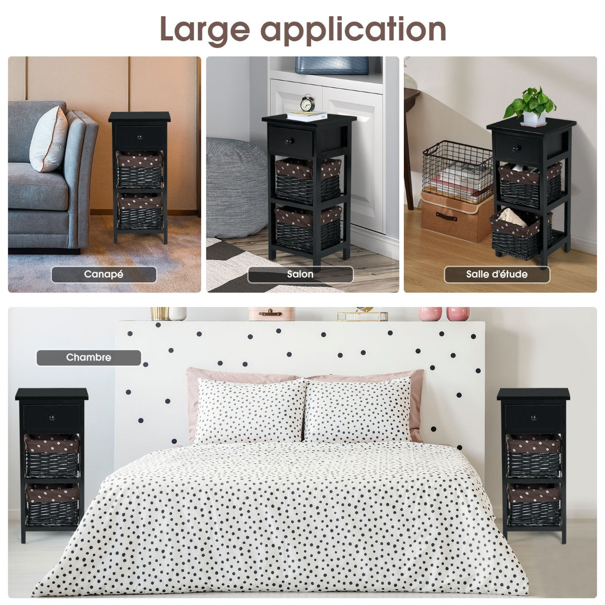 Bedside Table Made of Paulownia Wood in Country House Style-Black-2 Pieces