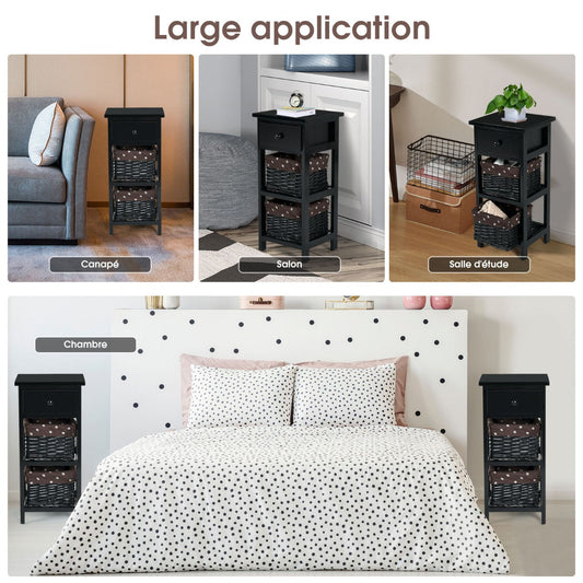 Bedside Table Made of Paulownia Wood in Country House Style-Black-2 Pieces