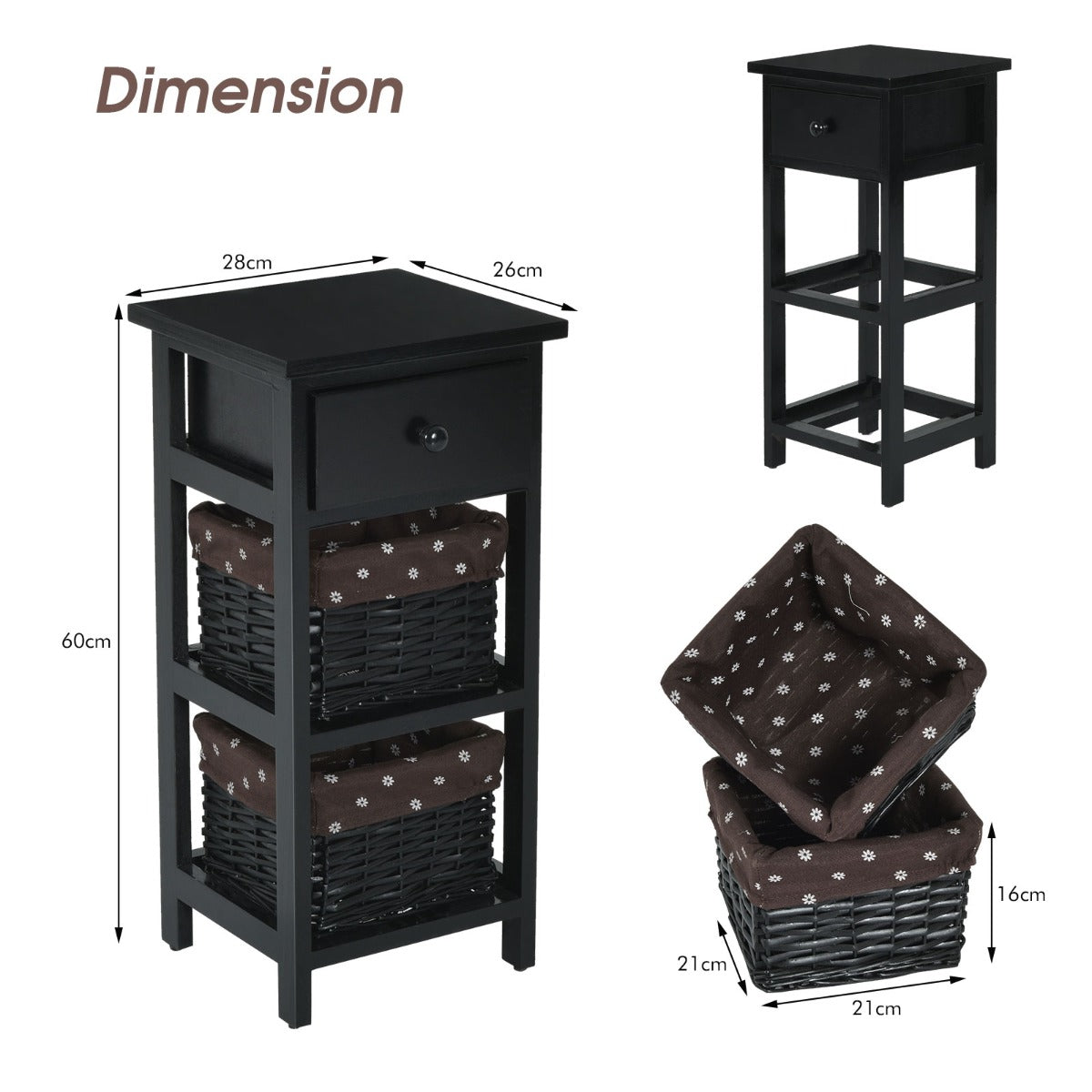 Bedside Table Made of Paulownia Wood in Country House Style-Black-2 Pieces