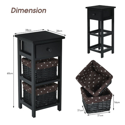 Bedside Table Made of Paulownia Wood in Country House Style-Black-2 Pieces