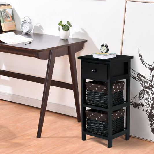 Bedside Table Made of Paulownia Wood in Country House Style-Black-2 Pieces