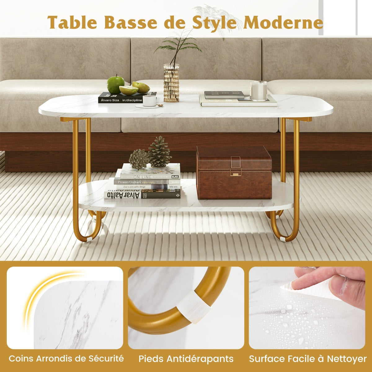 Faux Marble Top Coffee Table with Heavy-duty Metal Frame-White