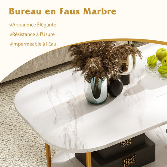 Faux Marble Top Coffee Table with Heavy-duty Metal Frame-White