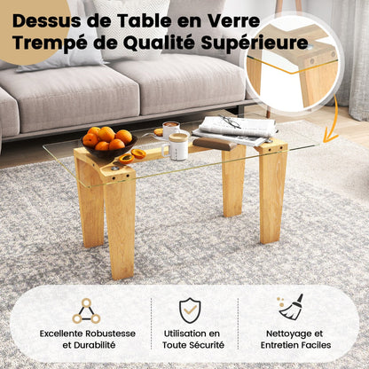Rectangle Coffee Table with Transparent Tabletop and Rubber Wood Frame-Natural