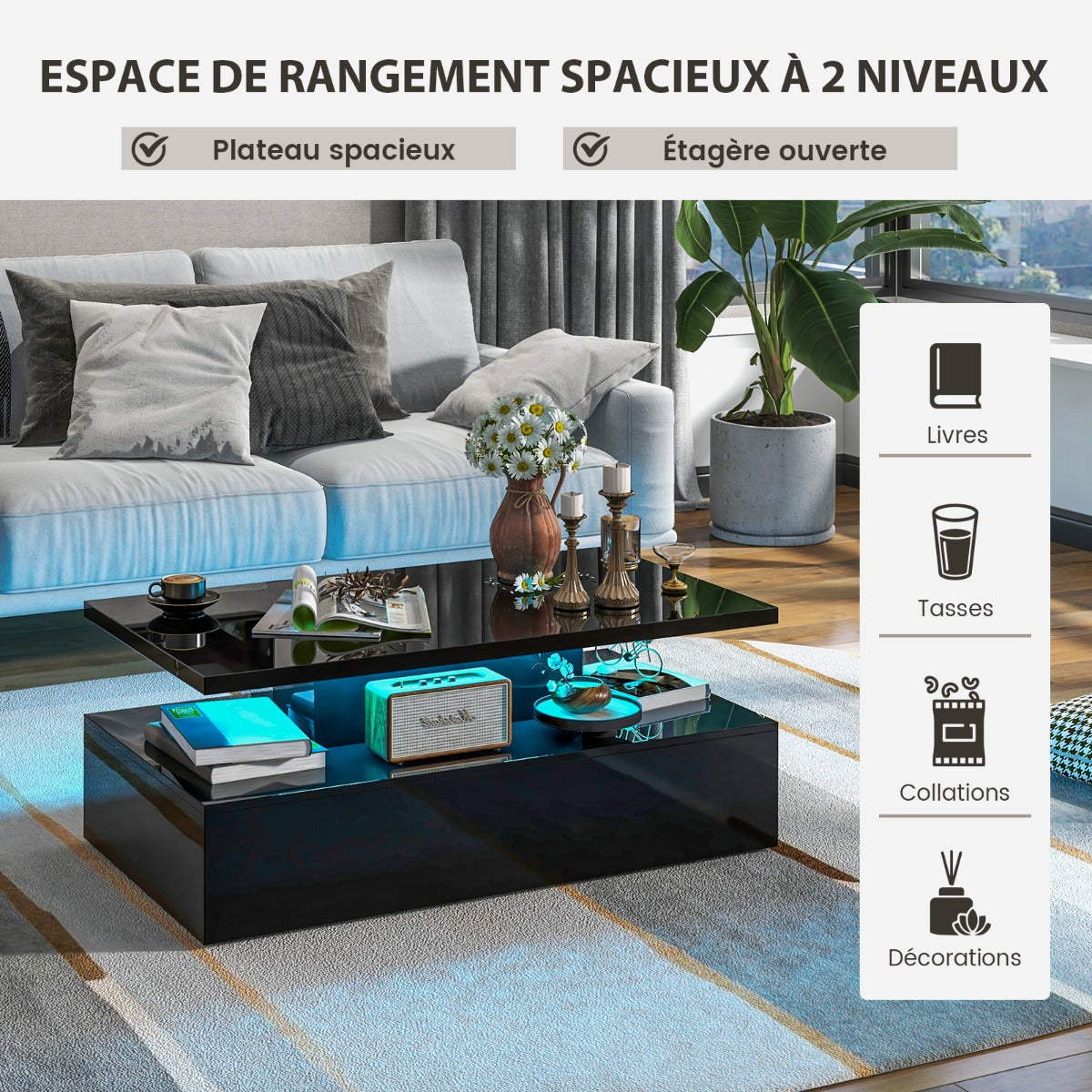 2 Tier Coffee Table with 20 Color LED Lights 110x60x40CM Contemporary Living Room Table with Remote Control Glossy Black