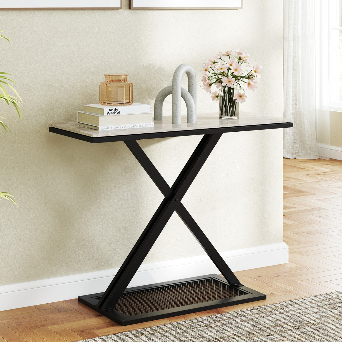 Faux Marble Top Metal Frame Entryway Console Table