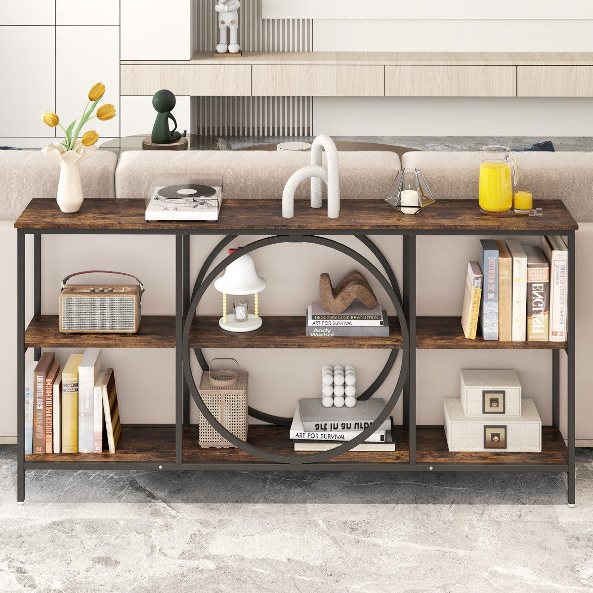 3-Tier Console Table with Faux Marble Top Heavy Duty Metal Frame Entryway Table Extra Long Coffee Sofa Table