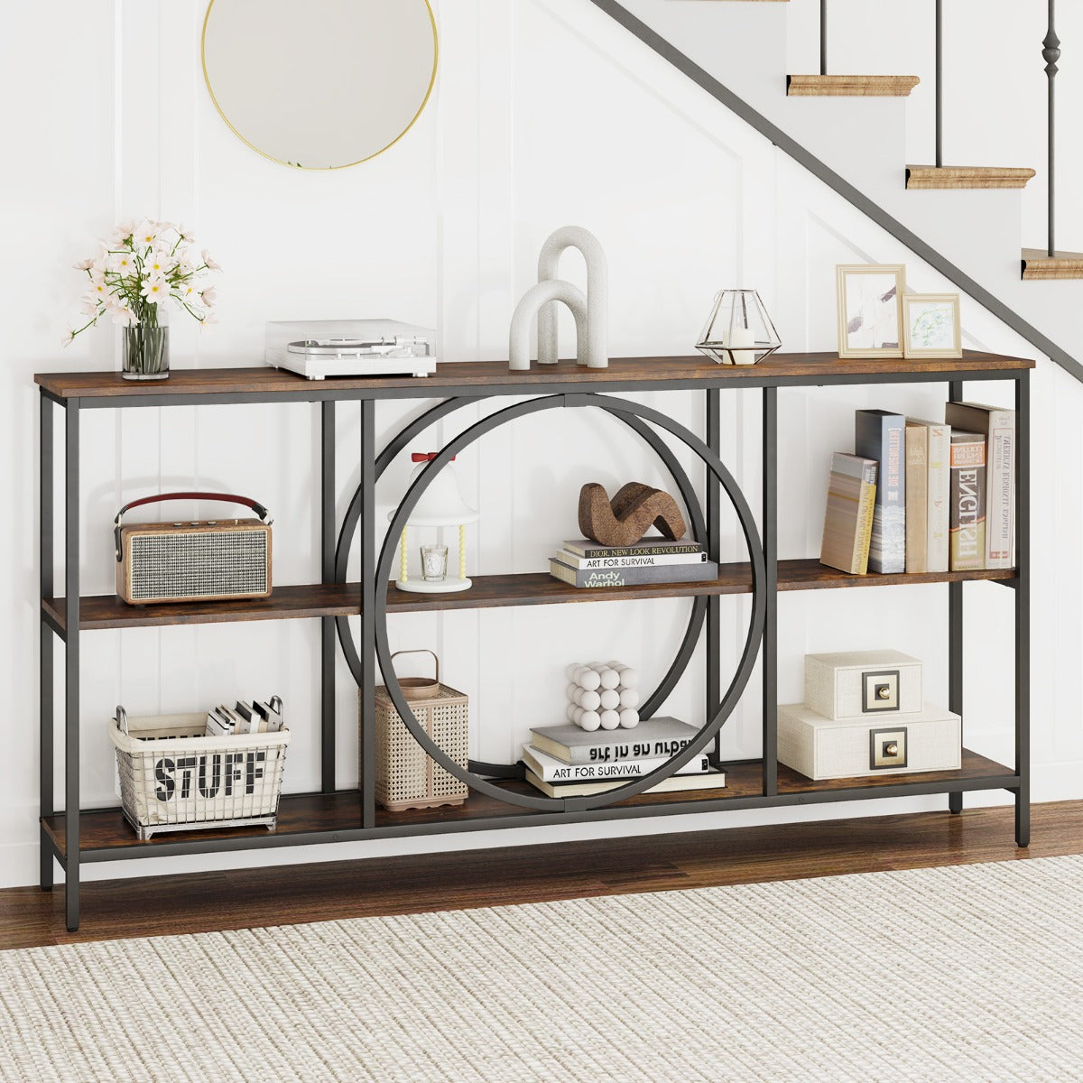 3-Tier Console Table with Faux Marble Top Heavy Duty Metal Frame Entryway Table Extra Long Coffee Sofa Table