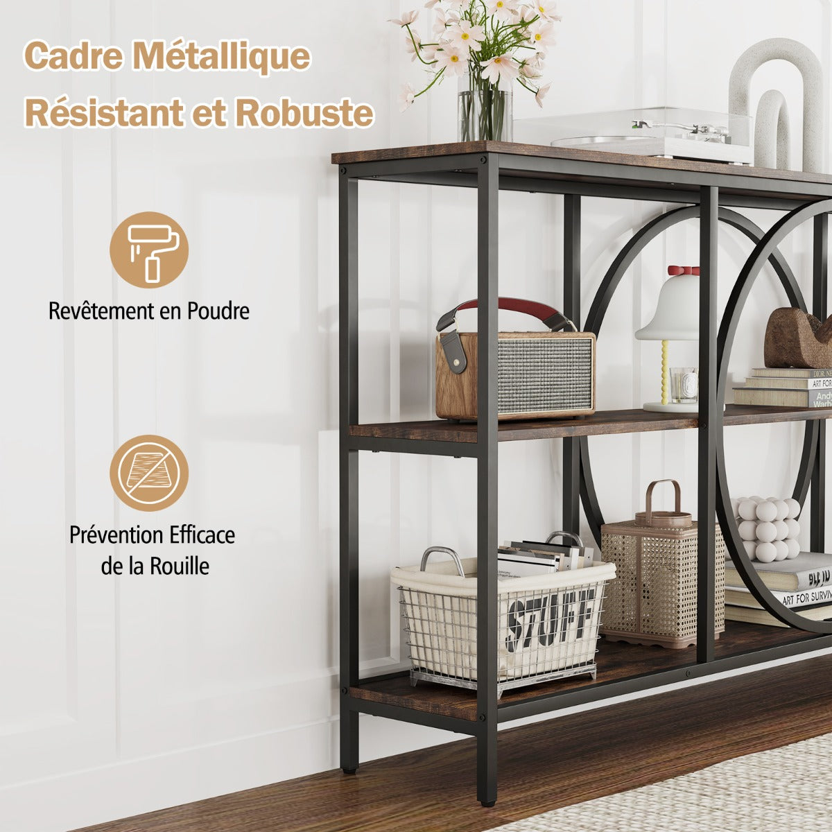 3-Tier Console Table with Faux Marble Top Heavy Duty Metal Frame Entryway Table Extra Long Coffee Sofa Table