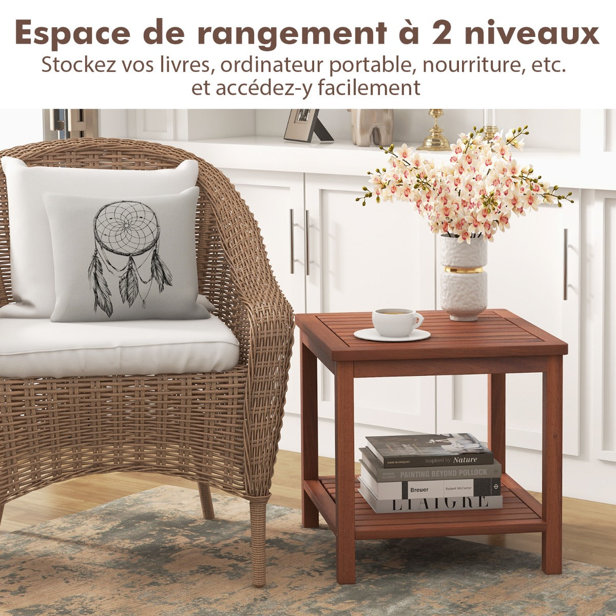 2-Tier Wooden Side Table with Slatted Tabletop