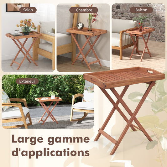 Wooden Side Table with Slatted Tabletop and Sturdy X-shaped Frame-C