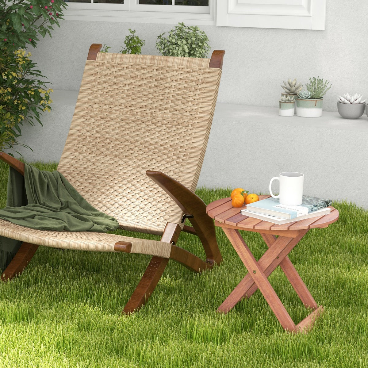 Wooden Side Table with Slatted Tabletop and Sturdy X-shaped Frame-B
