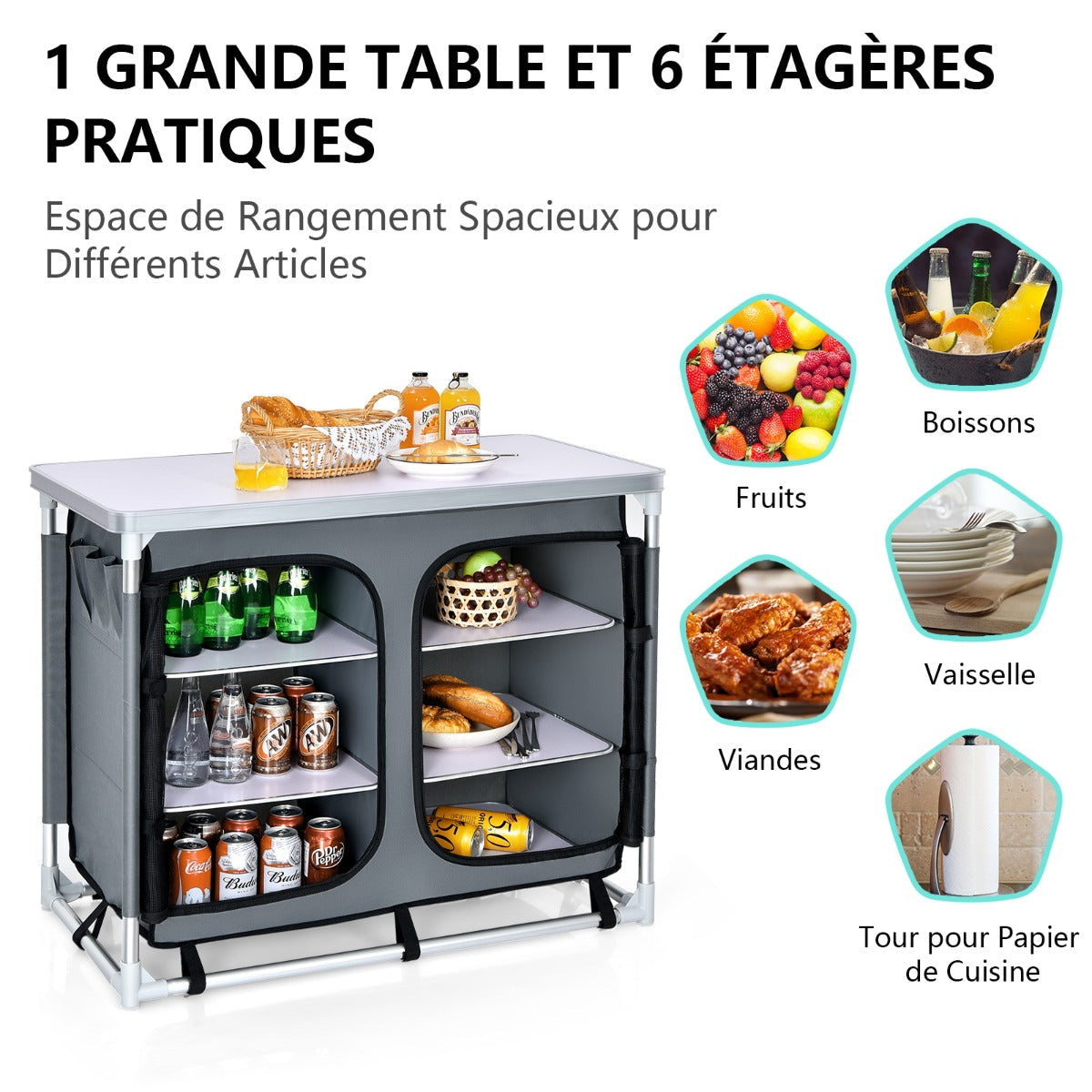 Camping Table with Zipper Storage Organizer for BBQ &amp; Travel-Grey