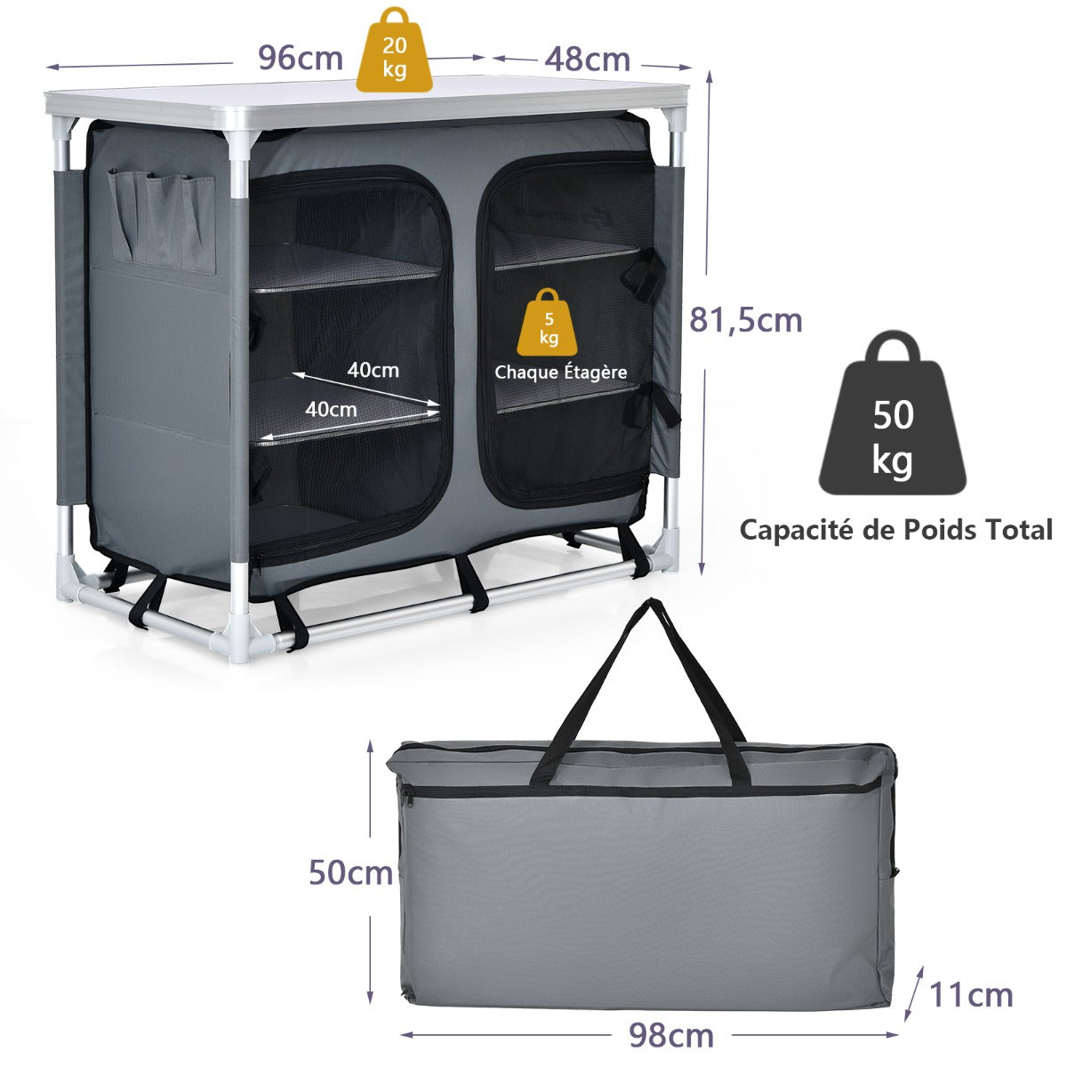 Camping Table with Zipper Storage Organizer for BBQ &amp; Travel-Grey