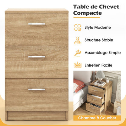 Bedside table with 3 drawers, side table, nightstand for box spring bed, 38 x 35 x 66 cm, natural