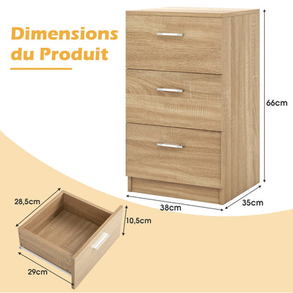Bedside table with 3 drawers, side table, nightstand for box spring bed, 38 x 35 x 66 cm, natural