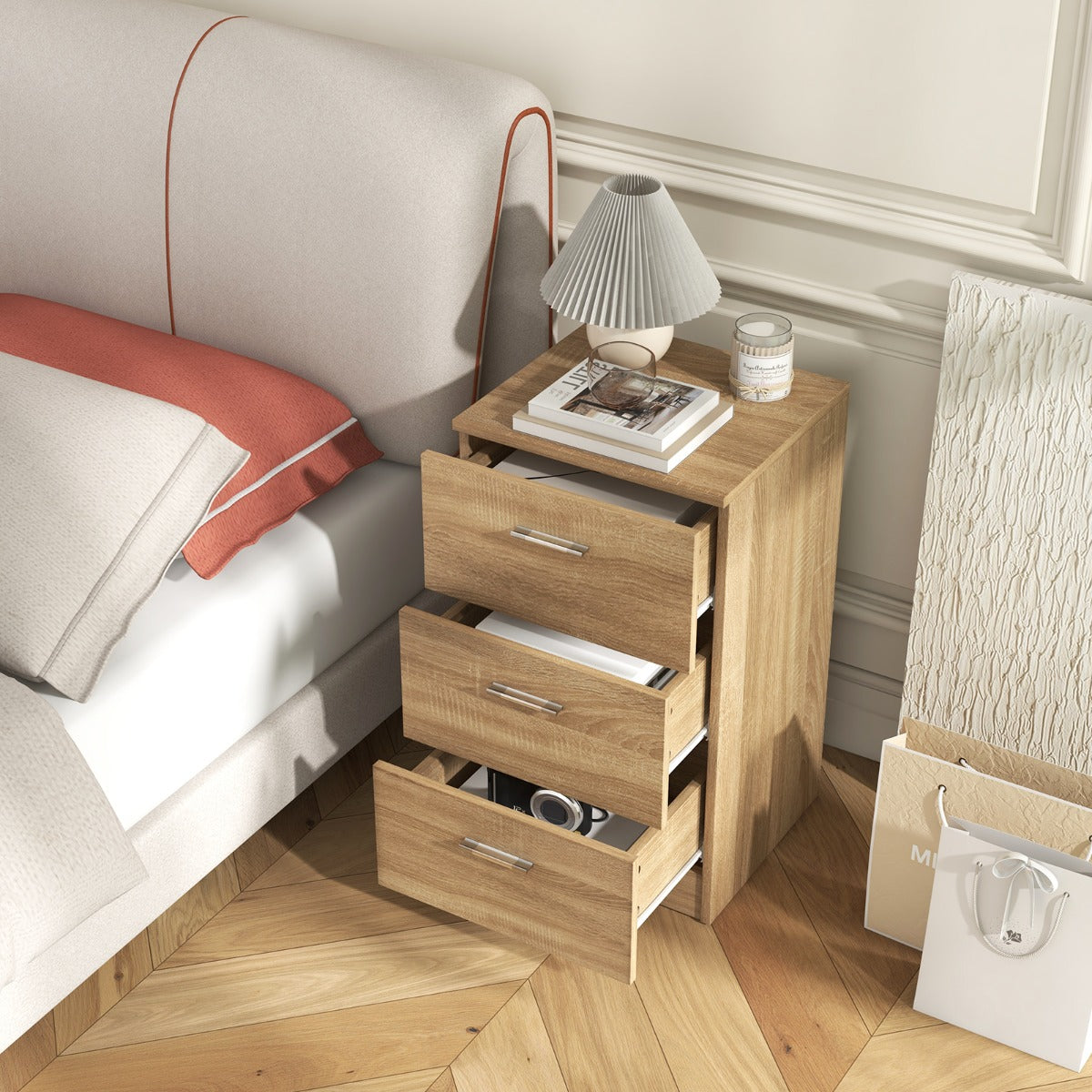 Bedside table with 3 drawers, side table, nightstand for box spring bed, 38 x 35 x 66 cm, natural