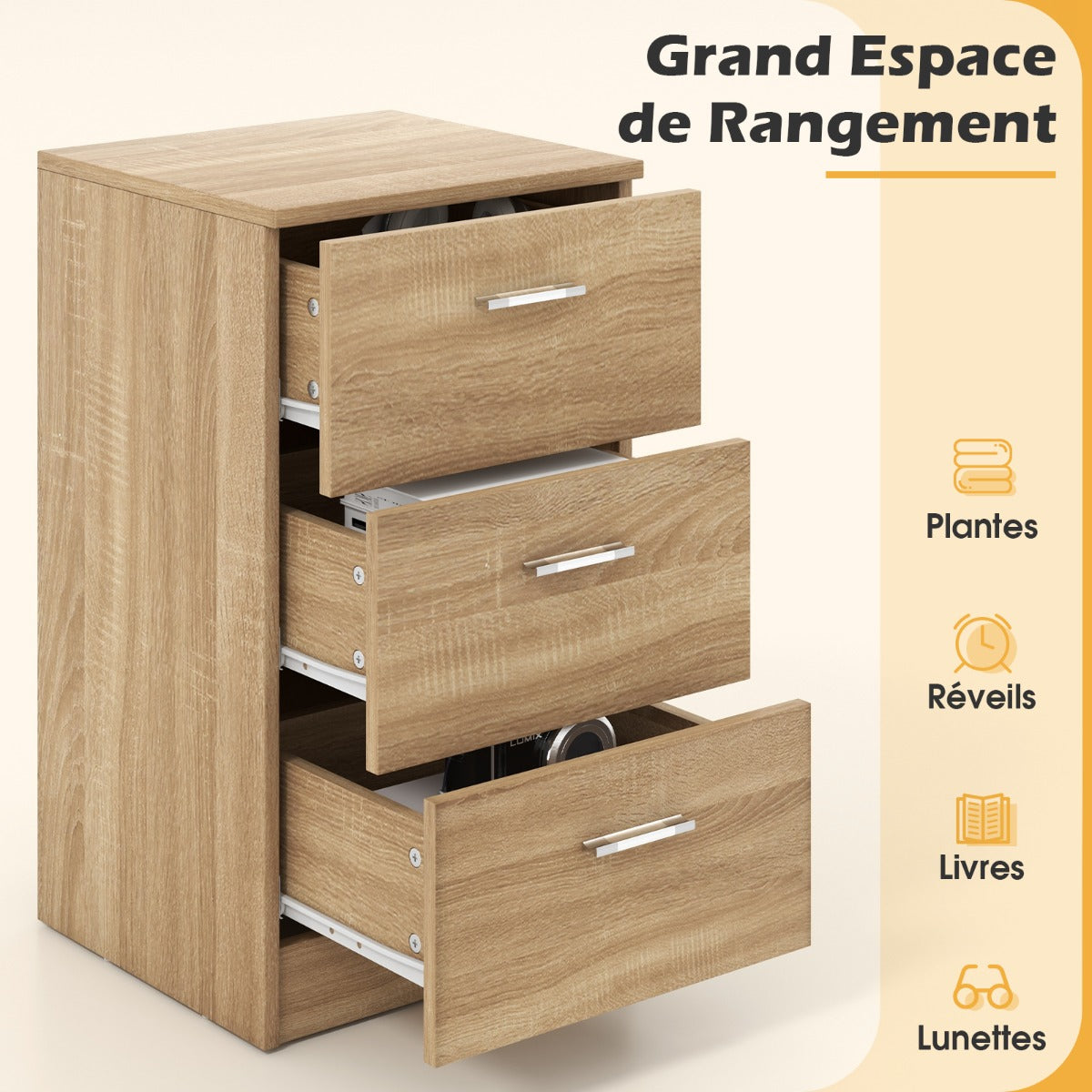 Bedside table with 3 drawers, side table, nightstand for box spring bed, 38 x 35 x 66 cm, natural