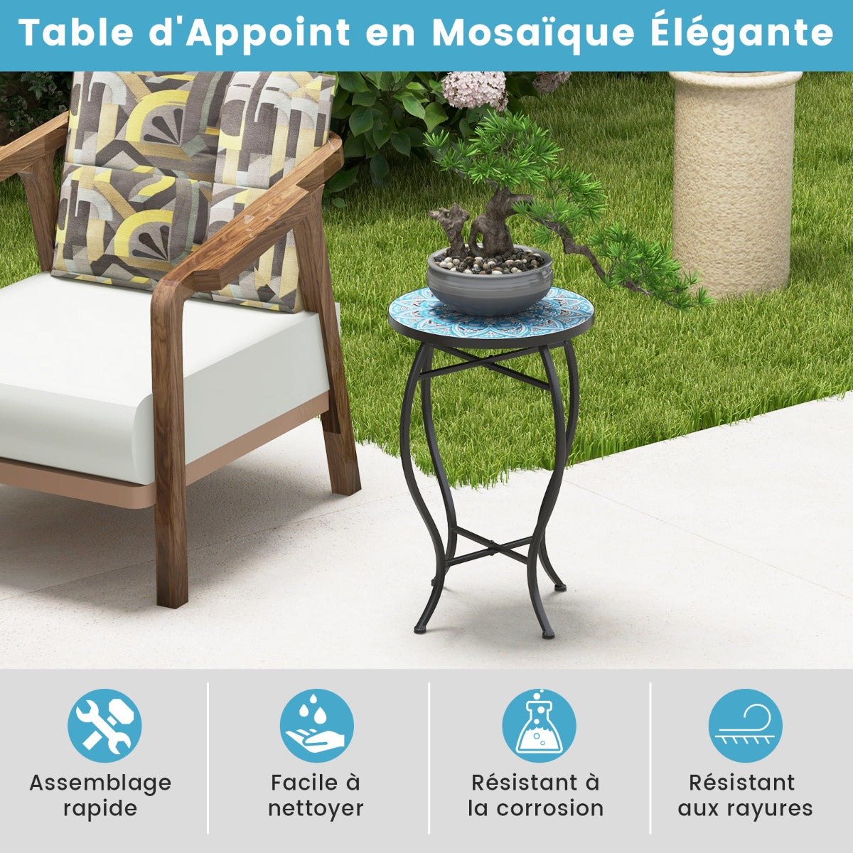 35 cm Round Patio End Table with Ceramic Tile Top