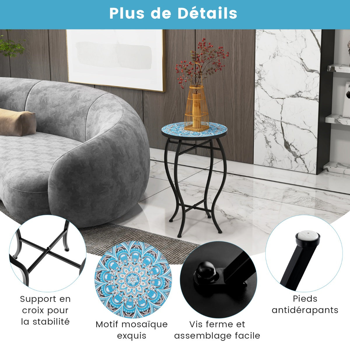 35 cm Round Patio End Table with Ceramic Tile Top