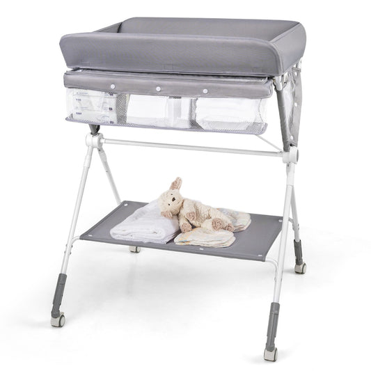 Folding Baby Changing Table, Portable Changing Table, Height Adjustable to 4 Levels with Wheels, Shelf and Basket, Gray