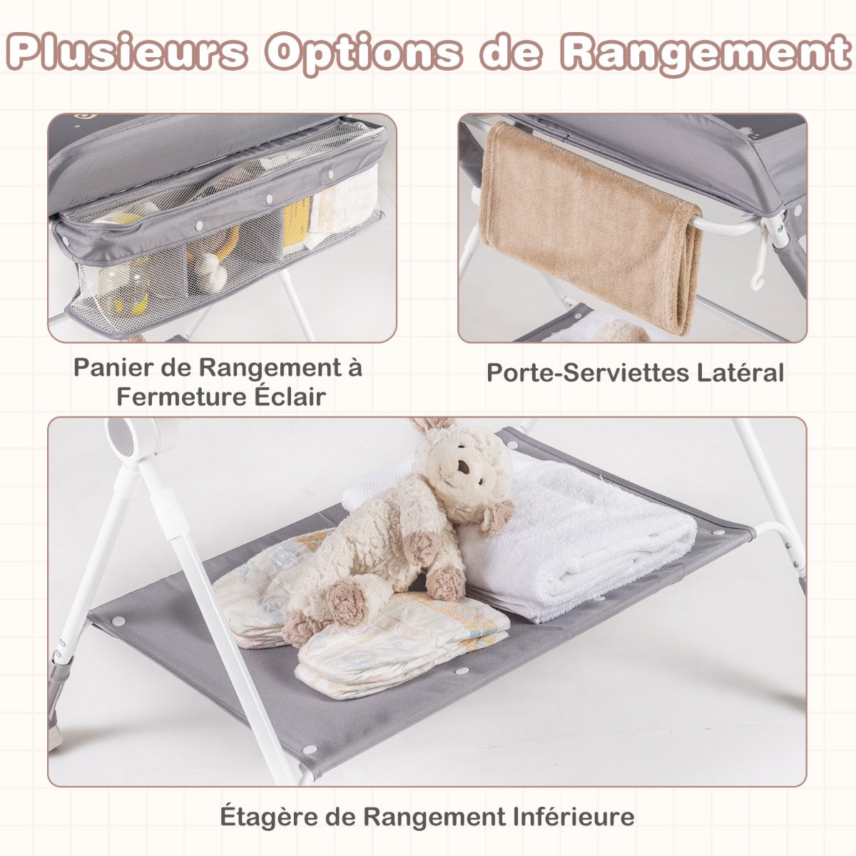 Folding Baby Changing Table, Portable Changing Table, Height Adjustable to 4 Levels with Wheels, Shelf and Basket, Gray