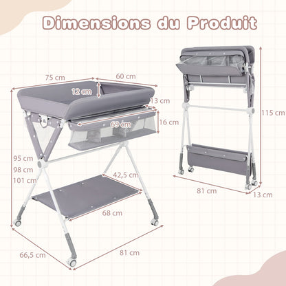 Folding Baby Changing Table, Portable Changing Table, Height Adjustable to 4 Levels with Wheels, Shelf and Basket, Gray