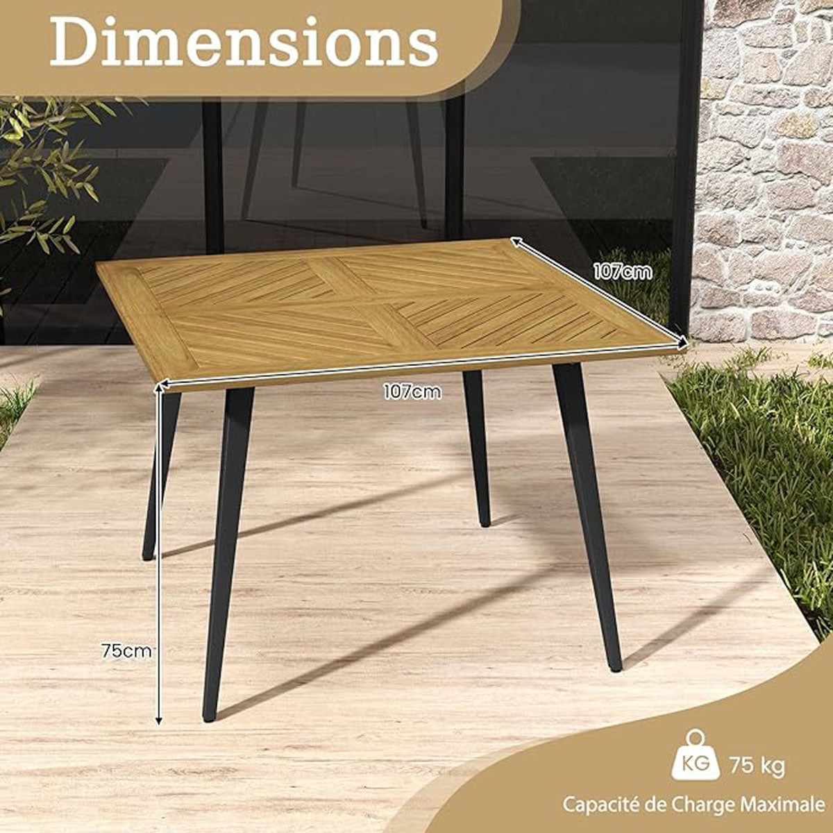 Garden table with umbrella hole Square patio table made of acacia wood for 4 people