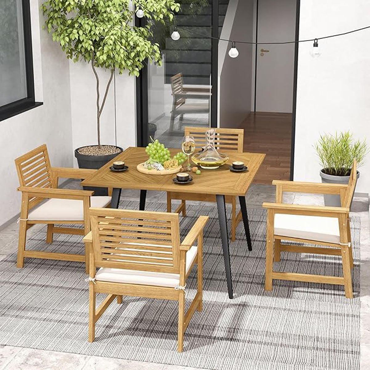 Garden table with umbrella hole Square patio table made of acacia wood for 4 people