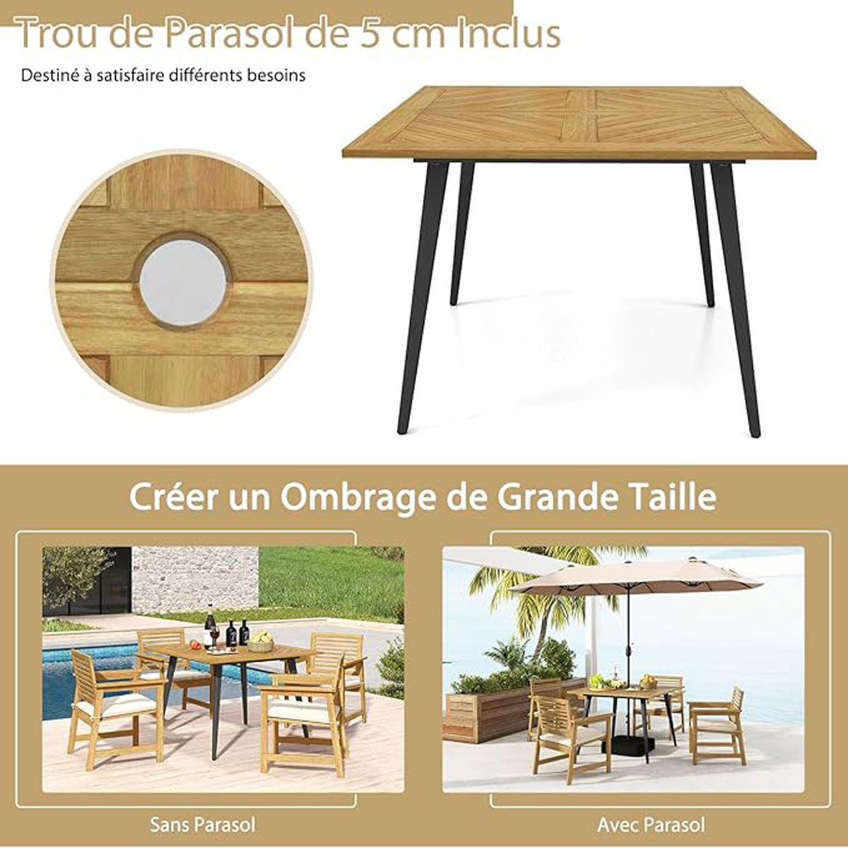 Garden table with umbrella hole Square patio table made of acacia wood for 4 people