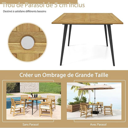 Garden table with umbrella hole Square patio table made of acacia wood for 4 people