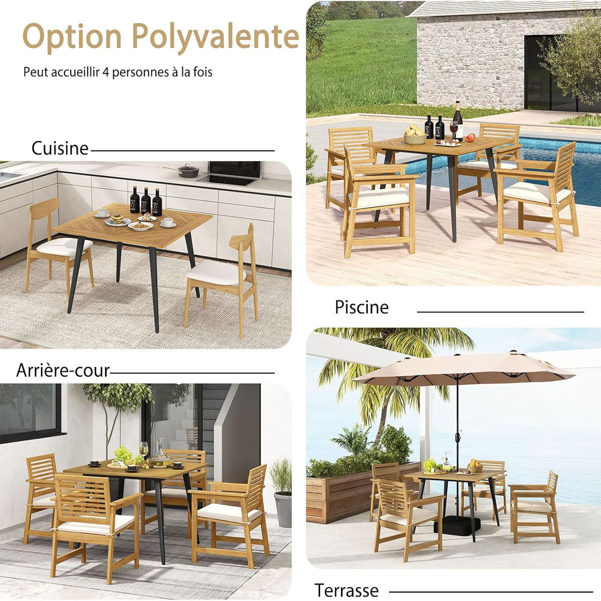 Garden table with umbrella hole Square patio table made of acacia wood for 4 people