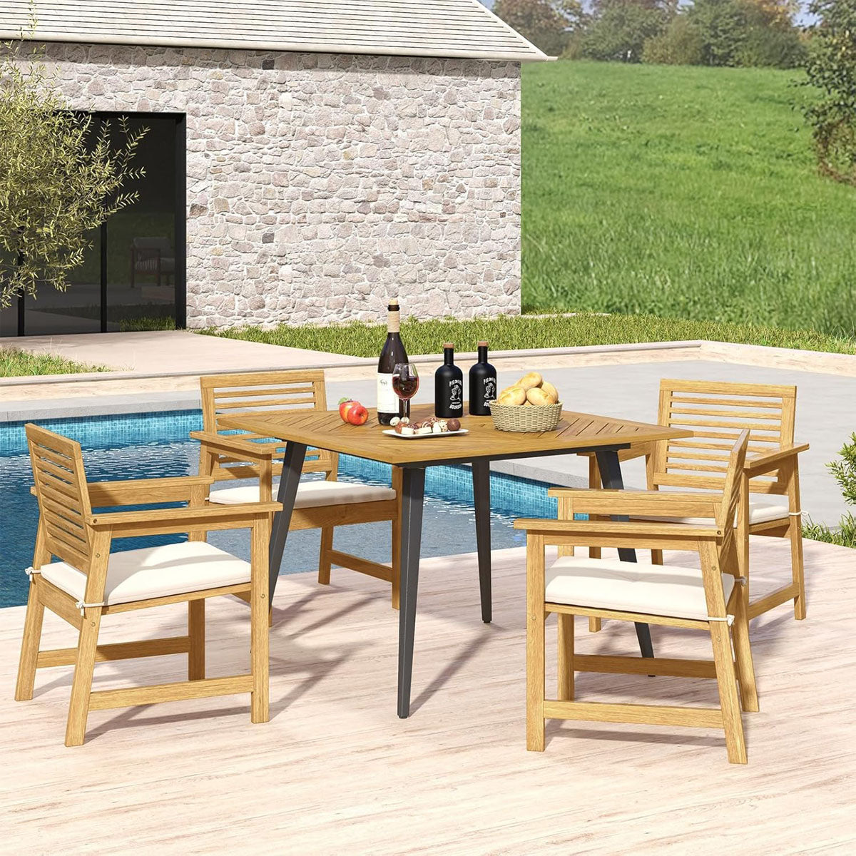 Garden table with umbrella hole Square patio table made of acacia wood for 4 people